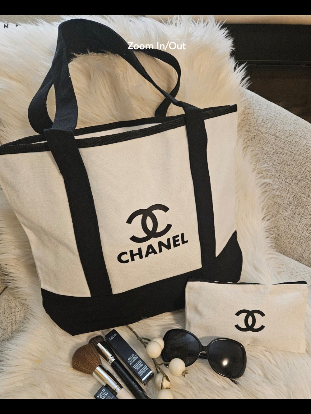 White and Black Canvas Tote with Pouch - Picture 3 of 10